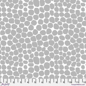 May include: White fabric with a repeating pattern of gray, irregular circles.