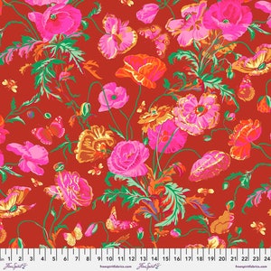 May include: Red fabric with a floral pattern featuring pink and orange poppies, green leaves, and gold butterflies. The fabric has a repeating pattern.
