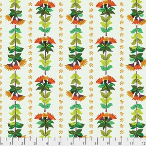 May include: A repeating pattern of orange, yellow, and green flowers on a light blue background. The flowers are arranged in vertical rows with a gold star pattern between each row.