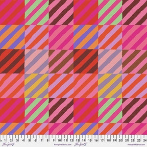 May include: A colorful fabric with a repeating pattern of diagonal stripes in various colors, including pink, red, orange, yellow, green, and brown. The fabric is arranged in a grid pattern, creating a patchwork effect.