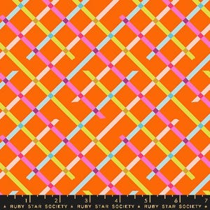 May include: Orange fabric with a diagonal plaid pattern. The plaid design features intersecting lines in light blue, pink, yellow, and white, with small purple squares at the intersections. The text "RUBY STAR SOCIETY" is at the bottom.