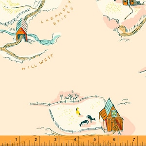 May include: A whimsical illustration of a farm scene with a red barn, a yellow horse, and two black horses in a fenced-in field. The text "HILL WEST" and "CREAMERY BRIDGE" are written on the image.