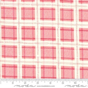 May include: Pink and white plaid fabric with a subtle woven texture. The fabric has a repeating pattern of squares and lines.
