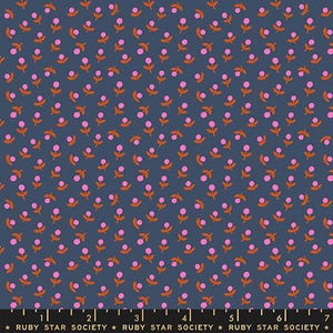 May include: Dark blue fabric featuring a repeating pattern of pink flower buds and orange leaves. A ruler is along the bottom with the text "RUBY STAR SOCIETY".