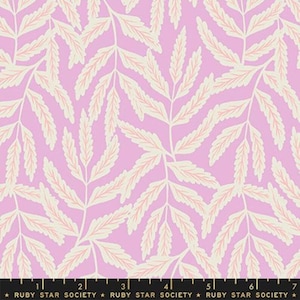 May include: A fabric with a repeating pattern of cream-colored leaves with pink accents on a light purple background. The leaves are arranged in a diagonal pattern. The text "RUBY STAR SOCIETY" is at the bottom.