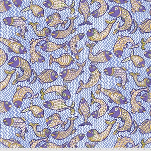May include: A repeating pattern of whimsical fish in shades of gold, purple, and white against a light blue zigzag background. The fish vary in shape and design, creating a playful and decorative textile pattern.
