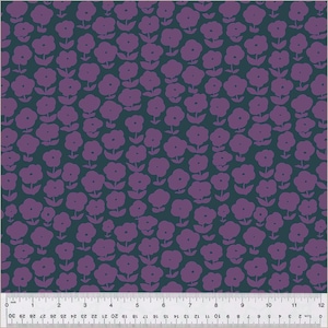 May include: A teal fabric with a repeating pattern of purple stylized flowers. The flowers are a simple design with a rounded shape and a stem.