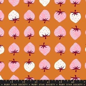 May include: A seamless pattern featuring pink and white strawberries on a burnt orange background. The strawberries are stylized and have a simple design.
