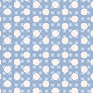 May include: A seamless pattern of white polka dots on a light blue background.