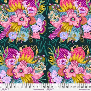 May include: A dark teal fabric with a repeating pattern of pink, yellow, and purple flowers. The flowers are surrounded by green leaves and stems. The fabric is designed by Free Spirit Fabrics.