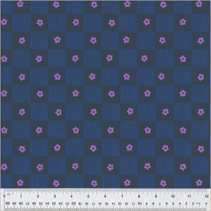 May include: A blue and purple checked fabric with a repeating pattern of small purple flowers. The fabric has a subtle striped texture.