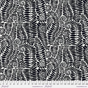 May include: Black and white fabric with a repeating pattern of stylized fern leaves and flowers. The pattern is on a white background.