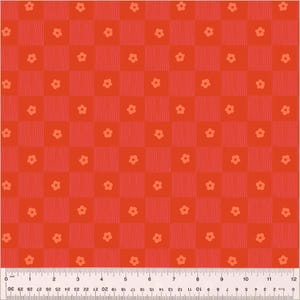 May include: A red and orange checked fabric with a repeating pattern of small orange flowers. The fabric has a subtle texture and is ideal for quilting, crafts, or home decor.