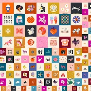 May include: A colourful patchwork quilt pattern featuring a variety of images, including animals, food, and household objects. The quilt is made up of 100 squares, each with a different design. The colours are bright and cheerful, and the overall effect is whimsical and playful.