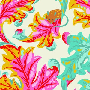 May include: A whimsical pattern featuring stylized leaves in shades of red, pink, yellow, and turquoise. A small brown mouse with white spots is perched on one of the leaves.