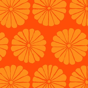 May include: A seamless pattern featuring orange stylized flower shapes on a bright orange background.