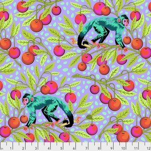May include: A repeating pattern of monkeys on branches with red and pink cherries. The background is a light purple with green and white polka dots.