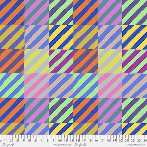 May include: A colorful fabric with a repeating pattern of diagonal stripes in various colors, including yellow, blue, green, pink, and orange.