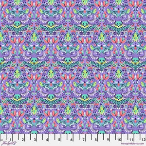 May include: Purple fabric with a repeating pattern of green, white, and pink floral designs. The pattern features a stylized animal face in the center of each design.