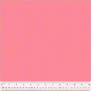 May include: Pink fabric with a woven pattern. The design features a grid of intersecting lines in a lighter shade of pink. A ruler with inch and centimeter markings is at the bottom of the image.