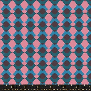 May include: A repeating pattern of wavy, interconnected shapes in shades of pink, teal, and dark brown. The design is symmetrical, with the shapes arranged in horizontal rows. The bottom of the image includes the text "RUBY STAR SOCIETY".