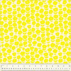 May include: A fabric with a repeating pattern of yellow flowers on a cream background. The flowers have rounded petals and are arranged in a grid-like fashion. The fabric has a ruler along the bottom edge.