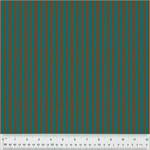 May include: A fabric with alternating brown and teal stripes. The fabric is measured with a ruler in centimetres.