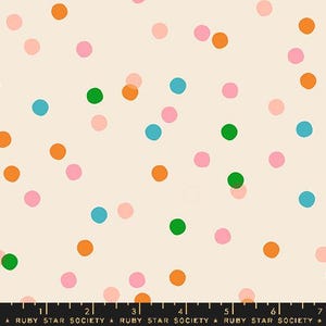May include: A seamless pattern featuring a variety of colourful circles on a cream background. The circles are in shades of pink, orange, green, and blue.