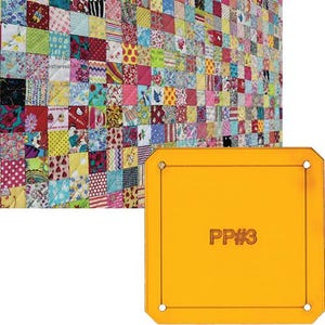 May include: A yellow plastic quilting ruler with rounded corners and a beveled edge. The ruler has a black outline and the text "PP#3" printed in the center.