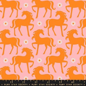 May include: A pink and orange fabric with a repeating pattern of stylised horses and white flowers. The horses are facing both left and right.