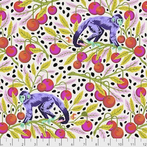 May include: A white background with black polka dots and a repeating pattern of monkeys swinging on branches with red and pink cherries.