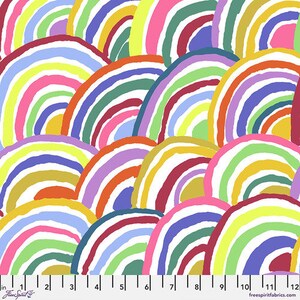 May include: A colorful fabric pattern featuring overlapping rainbow arcs in shades of red, orange, yellow, green, blue, and purple. The design has a hand-painted aesthetic, with each arc outlined in white.