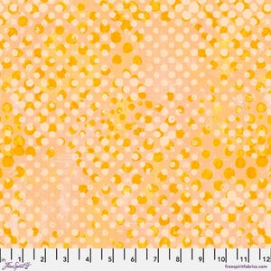 May include: A pink fabric with a white and yellow polka dot pattern. The dots are of varying sizes and are randomly scattered across the fabric.