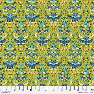 May include: A repeating pattern of stylized animal faces in a damask design. The background is a bright yellow-green color. The animal faces are blue, green, and white. The pattern is intricate and detailed.