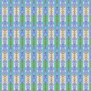 May include: A repeating pattern featuring vertical stripes of light blue, green, and off-white. The green stripes have a floral design of blue flowers and brown stems. The overall design is symmetrical and decorative.