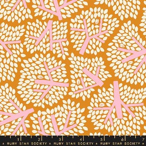 May include: A seamless pattern featuring stylised trees with pink branches and white leaves on a mustard yellow background. The trees are decorated with small white birds.