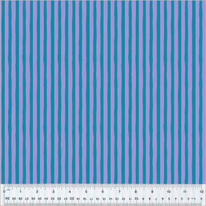 May include: A fabric with alternating stripes of teal blue and lavender. The fabric has a textured, hand-drawn look.