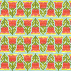 May include: A repeating pattern of stylized flowers in shades of orange, yellow, and green against a light blue background. The floral design is symmetrical, with each flower having a detailed, textured appearance.