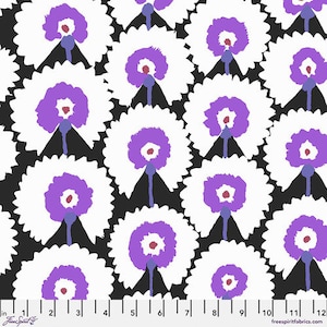 May include: Purple and white floral pattern fabric with a black background. The fabric features a repeating pattern of stylized flowers with a white center and purple petals.