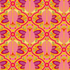 May include: A seamless pattern featuring a repeating design of pink, yellow, red, and purple floral motifs. The pattern is intricate and detailed, with a variety of shapes and textures.