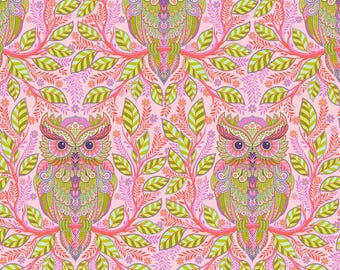 May include: A pink background with a repeating pattern of green and pink leaves and flowers. Two colorful owls are perched on branches in the center of the design. The owls have intricate patterns of pink, green, blue, and yellow.