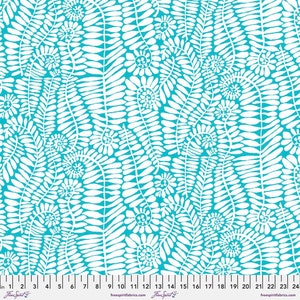 May include: White floral pattern on a turquoise background. The pattern features stylized leaves and flowers.