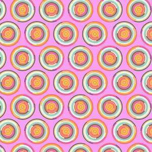 May include: A pink background with a repeating pattern of colorful concentric circles. The circles are made up of shades of orange, pink, green, and blue.