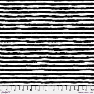 May include: A black and white fabric featuring a repeating pattern of horizontal, hand-drawn style stripes with irregular, wavy edges. A white ruler with black markings is visible at the bottom, measuring up to 12 inches in length.
