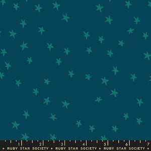 May include: Teal fabric with a scattered pattern of hand-drawn teal stars. The fabric has a dark teal background. The bottom of the image has the text "RUBY STAR SOCIETY".