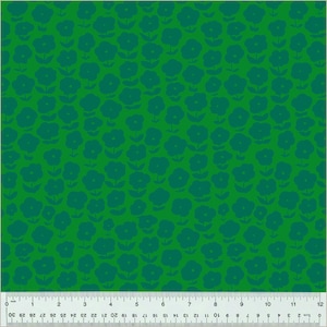 May include: A green fabric with a repeating pattern of teal blue flowers. The fabric is a solid green colour with a subtle texture.