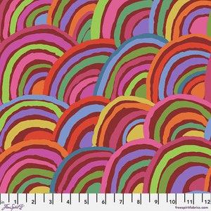 May include: A colorful fabric with a repeating pattern of overlapping rainbow-colored arches. The arches are drawn with a thick, textured line and are arranged in a staggered pattern.