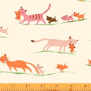 Heather Ross 20th Anniversary Reprint Windham Fabrics - 40931A-5 Cream Morning Cats from Tiger Lily 125