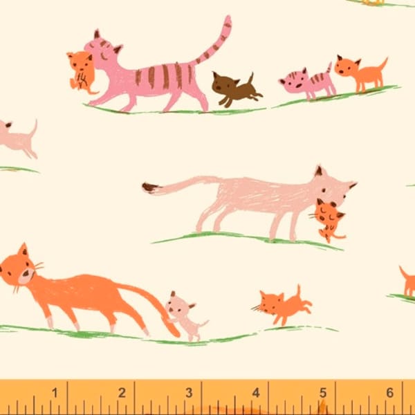 Heather Ross 20th Anniversary Reprint Windham Fabrics - 40931A-5 Cream Morning Cats from Tiger Lily 124