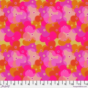 May include: A seamless pattern featuring overlapping circles in shades of pink, orange, and yellow. The circles have a textured, scalloped edge and are arranged in a random pattern.
